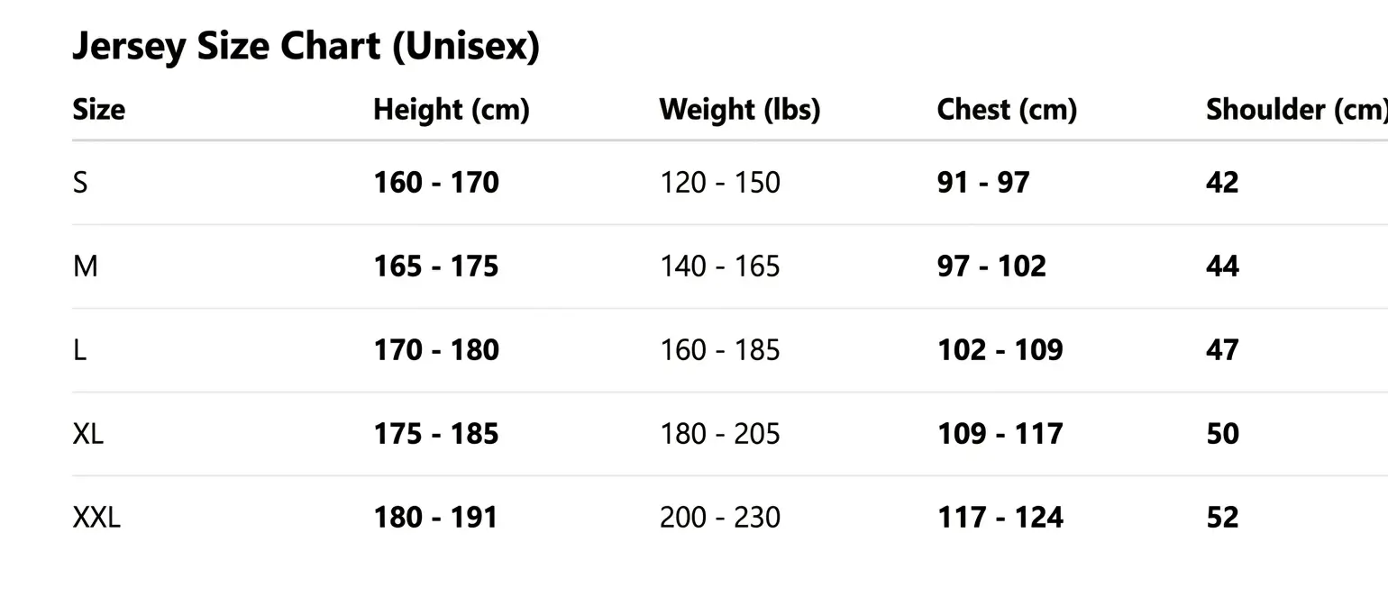 Jarkalo Jersey Size Chart